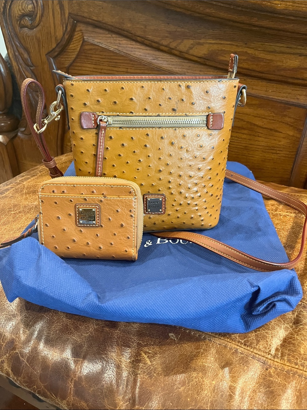 Dooney & Bourke Cognac Ostrich-Embossed Crossbody with Matching Wallet